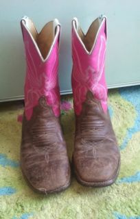 Anderson Bean Girls Antique Bone Brown & Pink Square Toe Cowboy Boots 