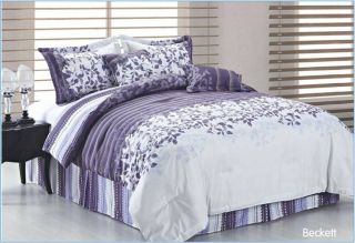 Beckett Purple Lilac White Queen 6 Piece Comforter Bed in A Bag Set 