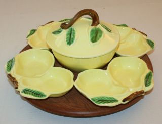 Vintage Belmar California Pottery Yellow Lazy Susan 4 Pear Dishes 