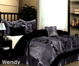 New 7 Pcs Black Gray Flower Bedding Comforter Set Queen