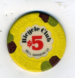 Old 5 Dollar Bicycle Club Poker Chip Bell Gardens CA