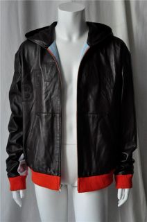 brown leather, hooded letterman/bomber jacket from Christopher Bevans 