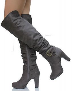 Stone Grey Slouchy Faux Leather Buckle Cuff High Heel Boots Terry