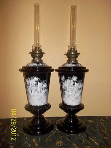 ANTIQUE HAND PAINTED 19TH C BLACK AMETHYST BANQUET OIL LAMPS MARY 