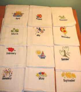 NEW Set of 12 Dish Towels Embroidered Design for Every Month