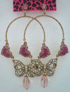 Betsey Johnson Iconic Perfectly Pave Pink Heart Bow Big Girly Earrings 