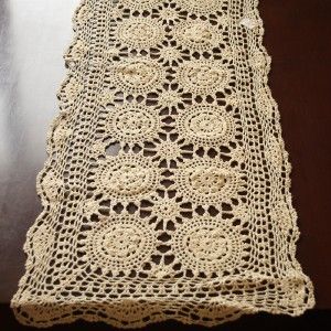 Hand Crochet Lace Ecru Cotton Table Runner 16 x 90 T15