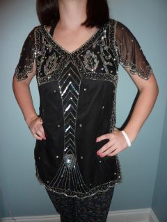 LEW MAGRAM Collection tunic top NWT black BEADED sequins sheer FLUTTER 