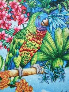 Blue Paradise Tropical Island Parrot Bird Elizabeth Studio Cotton 