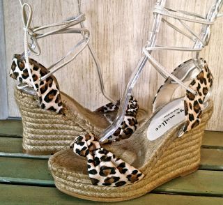 Bettye Muller Leopard Ankle Tie Espadrilles 4 Wedge Platform Sandals 