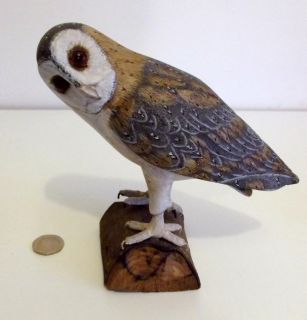 Barn Owl Figurine with Detailed Painted Feathers Perched on Wood Bird 