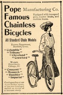   Pope Mfg Co Columbia Chainless Bicycles Ct Original Advertising