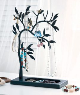 Black Metal Wood Jewelry Tree Stand with Tray Earring Bracelet 
