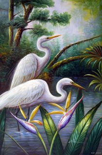 White Egret Pair Heron Birds Avian Wetlands Swamp Everglades 24x36 Oil 
