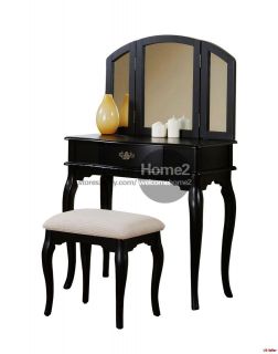 Black Finish Vanity Table with round Stool & 3 Side Extension Mirrors 