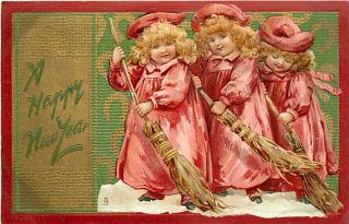   Three Little Girls Wearing Matching Outfits Brooms Tuck K28901