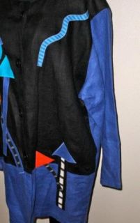   Colorful Art to Wear Applique Linen Tunic Jacket Blazer Black Blue L
