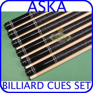 Billiard Pool Cue Set of 6 Aska L9 Black Cues Irish Linen Wrap
