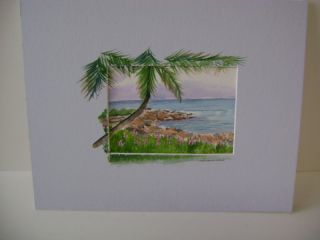 Original Watercolor Painting Hawaiian Palm Ocean Scene