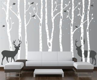 Birch Tree Wall Decal Forest with Snow Birds and Deer Sticker 