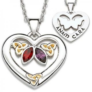   CELTIC ANAM CARA TWO TONE COUPLES BIRTHSTONE HEART NECKLACE