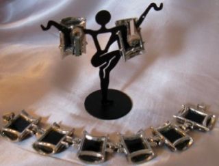Vtg Lucite Silver Black Confetti Bracelet Earrings Demi