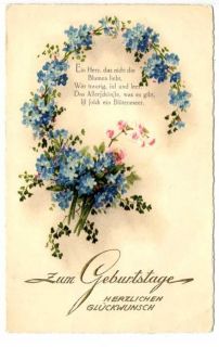German Birthday Wishes Old Postcard Blue Flowers