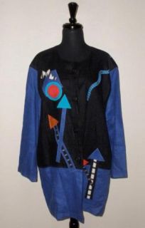   Colorful Art to Wear Applique Linen Tunic Jacket Blazer Black Blue L