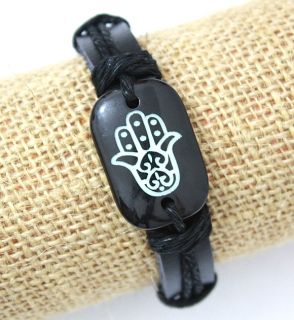hamsa hand lucky bracelet black leather 847 1