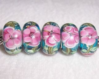 Green Leaves Pink Flower Murano Glass Beads Fit European Charm 