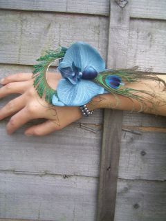 Teal Orchid Peacock Feather Prom Wedding Wrist Corsage