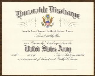 Blank US Army Honorable Discharge Certificate 1950
