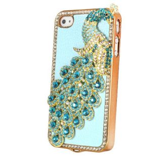 Leather Peacock Rainstone Bling Case Cover Skin for Apple iPhone 4 4S 