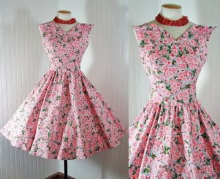 Vintage 50s Dress Bernie Dexter Cherry Blossom New Wing Bust Party Sun 