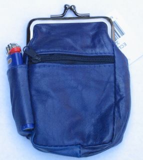 Blue Genuine Leather Snap Cigarette Case. 2 Zipper Pockets 1 Lighter 