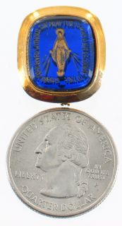 VINTAGE BLESSED MOTHER MARY COBALT BLUE GLASS & GOLD MEDAL PIN