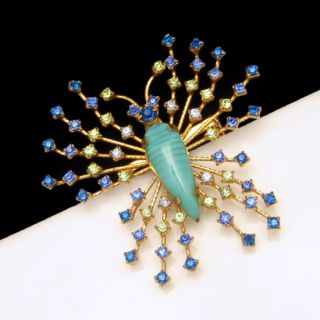   Statement Butterfly Brooch Pin Art Glass Rhinestones Blue Green