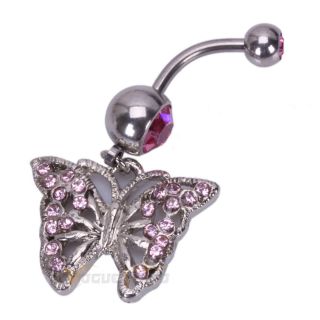   Butterfly Barbell Navel Belly Button Ring Pink Rhinestone Body Jewelry
