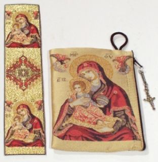 Madonna Child Tapestry Purse Zippered Rosary Case Bookmark Red