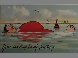 Comic Postcard 1910s Boating Buoy Fat Man Bathing Theme