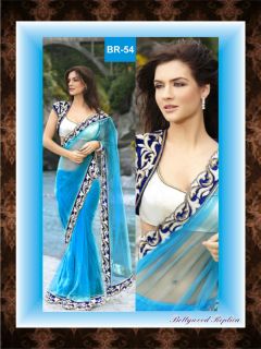    DESIGNER INDIAN WOMEN WEAR SAREE SARI BOLLYWOOD FASHION BLUE NET