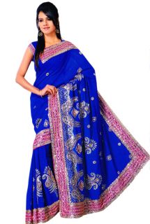 Royal Blue Bridal Bollywood Sequin Embroidery Sari Saree Costume DANSE 