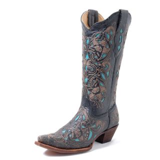 Corral Ladies Goat Laser Overlay Cowgirl Boots Black Cognac Turquoise 