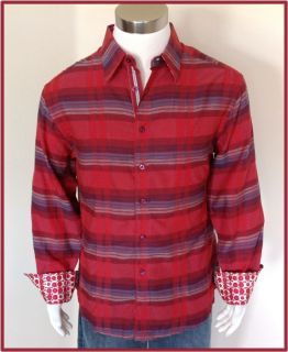 Robert Graham RED PLAID Mens Shirt Sz L Lightweight Fabric Fancy Cuffs 