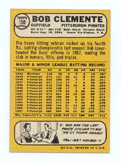 You are bidding on a vintage 1968 Topps ROBERTO CLEMENTE #150 in NM/MT 
