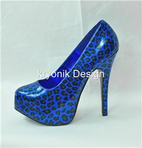 Bordello Teeze 37 Metallic Blue Cheetah Glitter Platform Pumps Heels 
