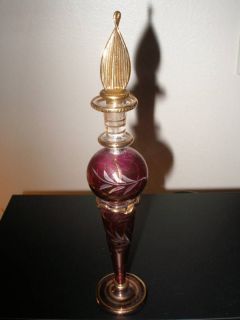 Collectible Hand Blown Glass Perfume Bottle Gold Trim