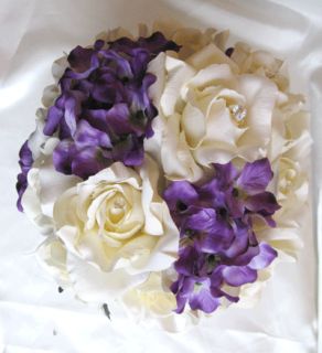 25pc Bouquet Wedding Flowers Decorations Ivory Purple