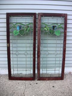   Leaded Stained Glass Bookcase Doors Window Vine Leaves 47 20