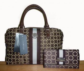 Tommy Hilfiger Brown Bowler Jacquard Satchel Handbag & Wallet, Reduced 